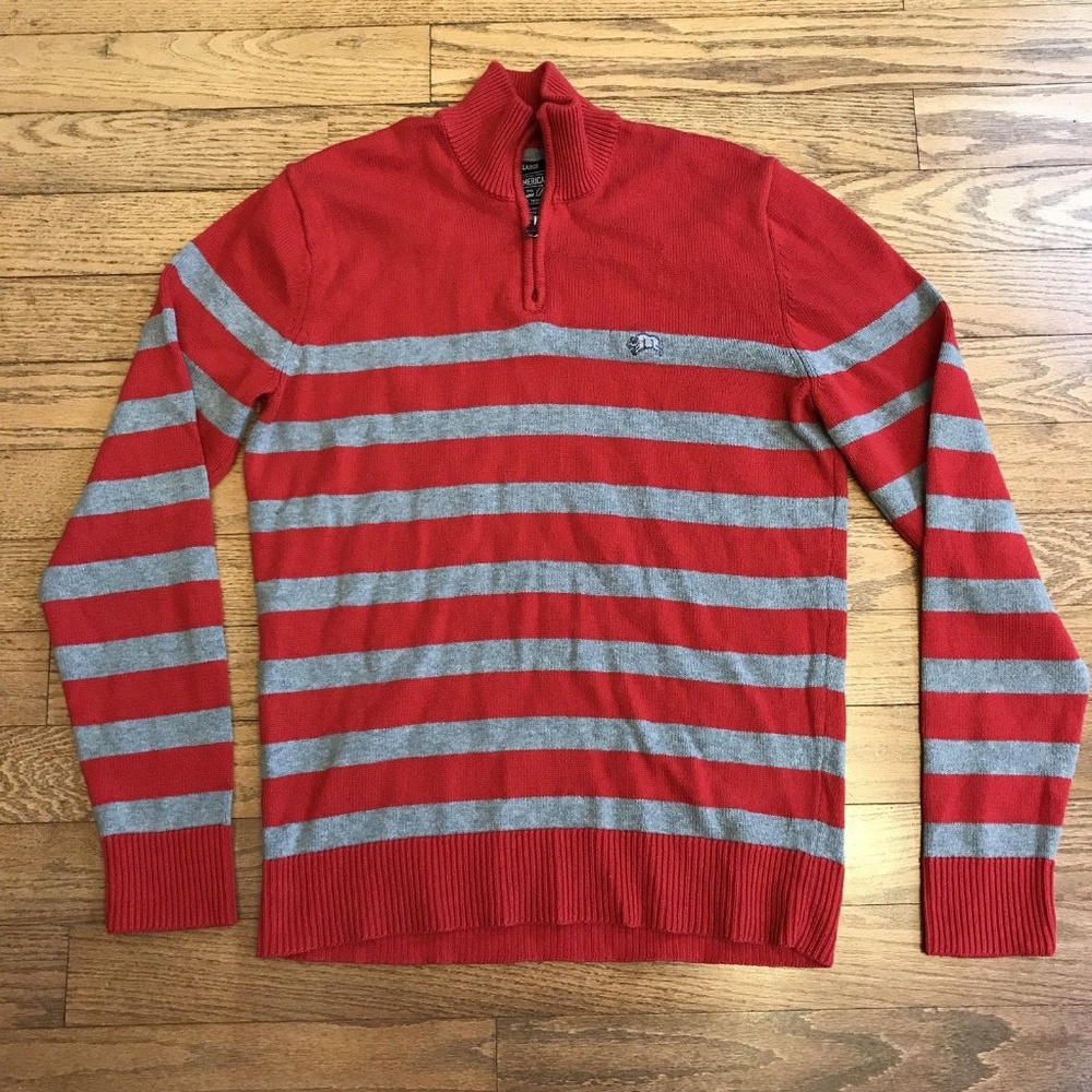 American Rag Cie Large Red Gray Stripe Zip Sweater